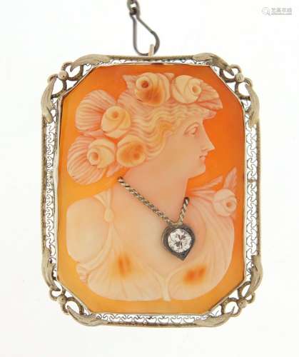 Victorian 14ct gold cameo brooch pendant set with a diamond, 4cm x 3.2cm, 10.0g : For Further