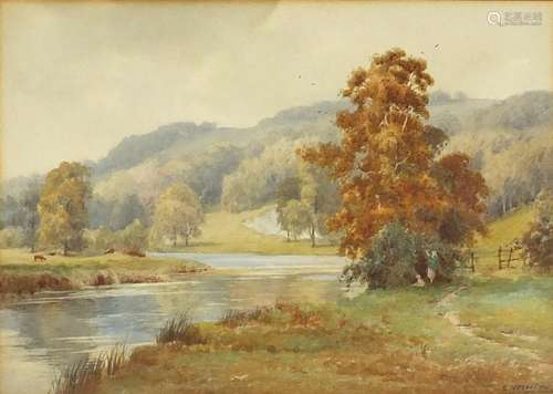 E H Marten - Cattle beside a river, watercolour, mounted and framed, 36.5cm x 26cm : For Further