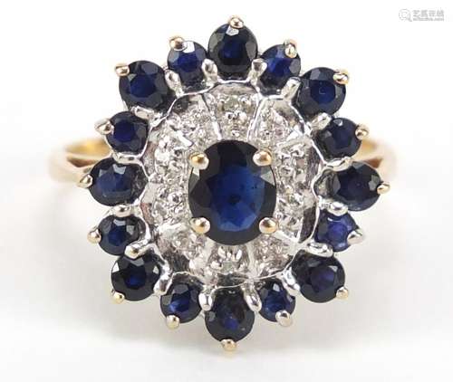 9ct gold sapphire and diamond cluster ring, size M, 3.2g : For Further Condition Reports Please