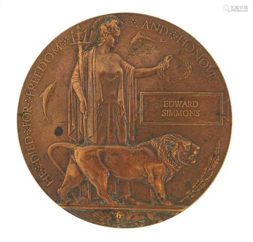 British military World War I death plaque awarded to EDWARD SIMMONS : For Further Condition