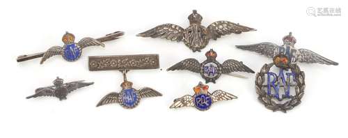 Eight British military RAF silver brooches including six with enamel, the largest 5cm wide, 27.