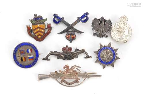 Eight Military silver brooches and lapels, five with enamel, including United Allies,