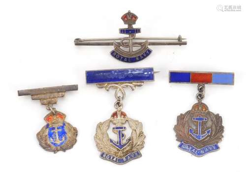 Four Royal Navy silver and enamel brooches, the largest 5cm wide, 22.6g : For Further Condition