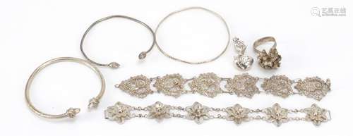 Silver jewellery including filigree bracelets, a sterling bangle marked Made in Trinidad and a