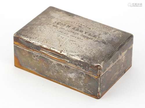 British Military World War II silver cigar box, the hinged lid engraved Presented to Captain H