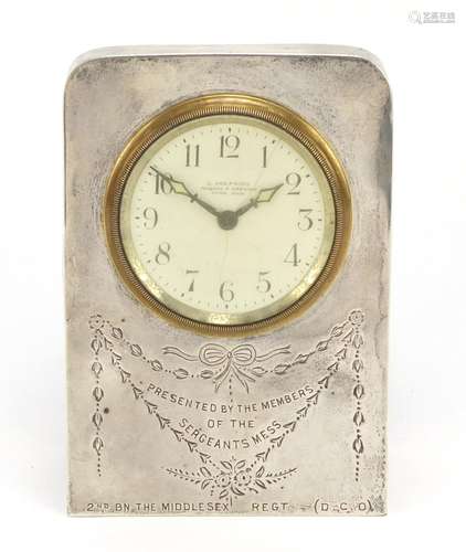 British Military interest silver desk clock with Orr & Sons movement, the case engraved Presented to