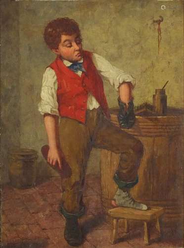 Young boy cleaning his shoe, 19th century oil on canvas laid on board, mounted and framed, 29cm x