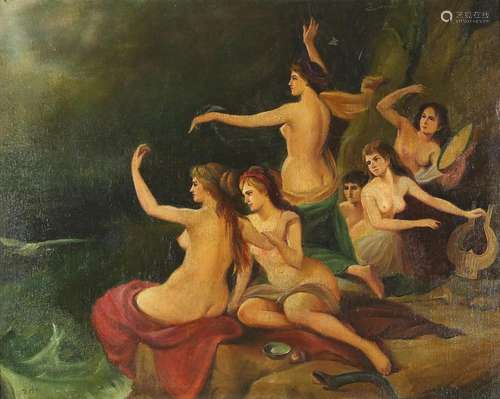 Nude bathers, Old Master school, oil on canvas laid on board, mounted and framed, 62cm x 49.5cm :