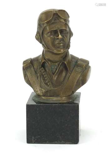 Bronze bust of a World War I Pilot raised on a square black marble base, 13cm high : For Further