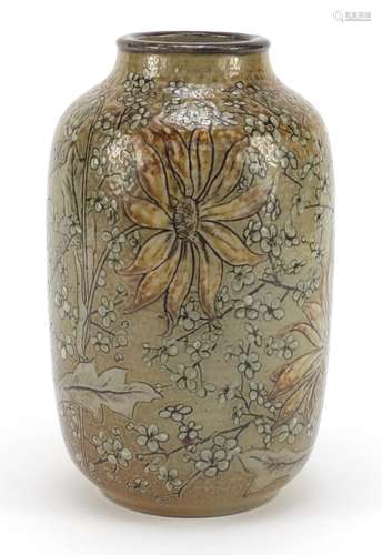 Large Martin Brothers stoneware vase hand painted with flowers, incised RW Martin Bros London