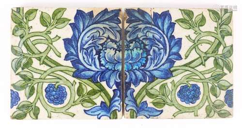 Pair of Arts & Crafts pottery tiles hand painted in the Iznik manner with flowers by William de