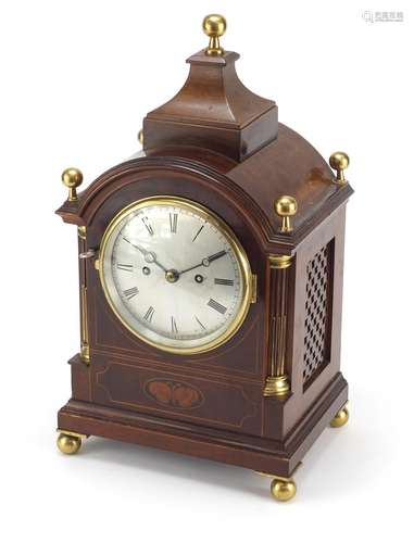 Regency inlaid mahogany table/bracket clock with twin chain fusée movement striking on a gong, the