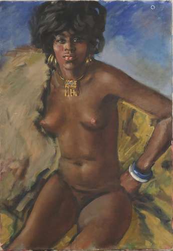 Portrait of a nude African female, oil on canvas, unframed, 84cm x 58.5cm : For Further Condition