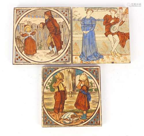 Two Arts & Crafts tiles by George Wooliscroft and one other, each approximately 15.5cm x 15.5cm :