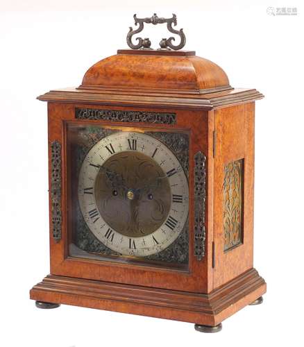 19th century birds eye maple bracket clock with brass face and silvered chapter ring having Roman