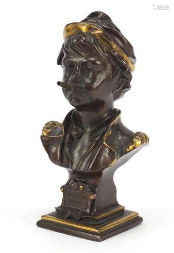 French partially gilt bronzed bust of a young boy smoking, De Eerste Proef, 16.5cm high : For