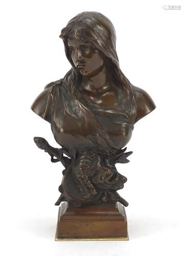 Art Nouveau patinated bronze bust of a maiden by Hans Muller, 18.5cm high : For Further Condition