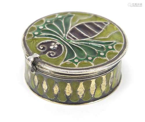 Good unmarked silver and plique á jour enamel patch box by Child & Child of London, the hinged lid