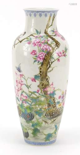 Chinese porcelain vase, finely hand painted in the famille rose palette with birds, butterflies