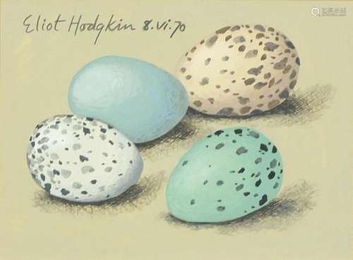 Manner of Eliot Hodgkin - Still life eggs, tempera on card, mounted, framed and glazed, 15.5cm x