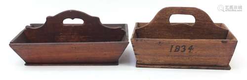 Two 19th century cutlery trays including an oak example dated 1834, the largest 38.5cm wide : For