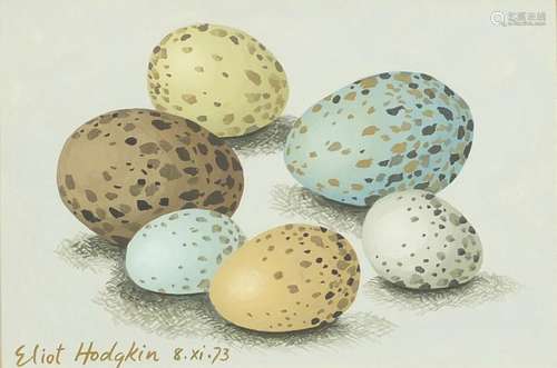 Attributed to Eliot Hodgkin - Still life eggs, tempera on card, mounted, framed and glazed, 18cm x