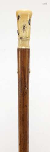 Malacca walking stick with a Japanese Shibayama pommel inlaid with insects, carved with character