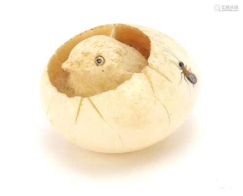 Japanese Shibayama carved ivory chick hatching from an egg, inlaid with insects, 5cm wide : For