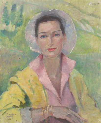 Portrait of a female wearing a wide brimmed hat, oil on canvas, bearing an indistinct signature,