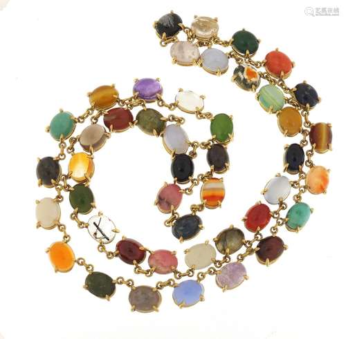 Good 18ct gold necklace set with symmetrical cabochon semi precious stones, including opal, lapis