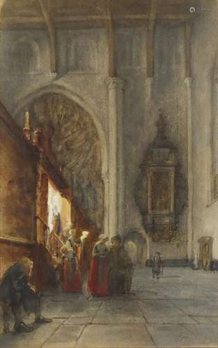 Jules Victor Genisson - Figures in a cathedral, heightened signed watercolour, mounted, framed and