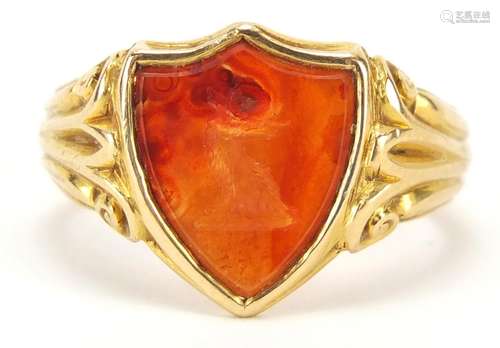 Victorian 18ct gold carnelian intaglio seal ring with scrolled shoulders, hallmarked London 1905,