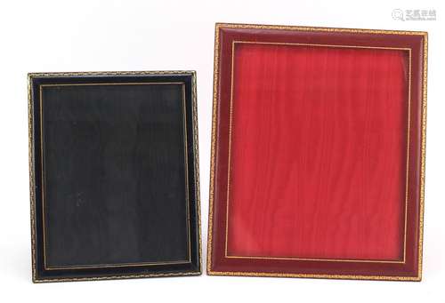 Two tooled leather easel photo frames retailed by Harrods, the largest 35.5cm x 30.5cm, the other