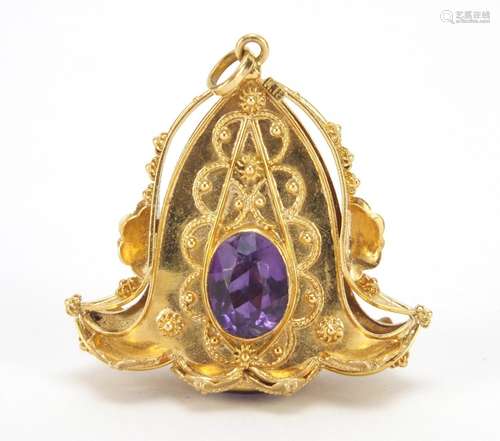 Large Italian 18ct gold amethyst pendant charm, 84 FI impressed marks, 5cm high, 15.2g : For Further