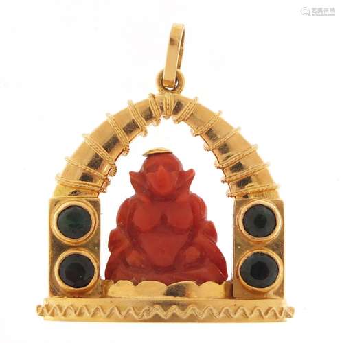 Large Italian 18ct gold pendant charm with a carved coral Chinese Buddha and set with green