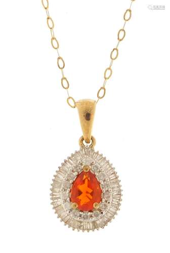 9ct gold fire opal and diamond pendant, 2cm in length, on a 9ct gold necklace, 44cm in length, 2.