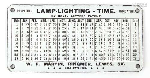 Lamp lighting time perpetual indicator enamel plaque by Royal Letters Patent, 15cm x 7.5cm : For