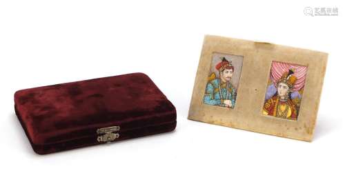 Near pair of Persian hand painted portrait miniatures of noble people housed in a fitted velvet