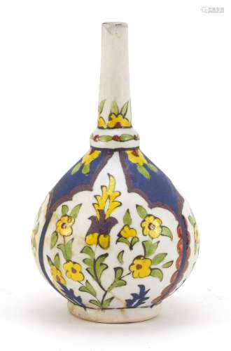 Early Islamic pottery rosewater gulaptan hand painted with flowers, 15.5cm high : For Further