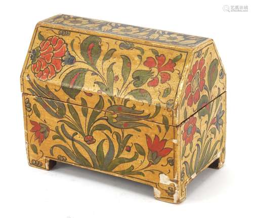 Antique Turkish lacquered wood casket hand painted with flowers, 12cm H x 14.5cm W x 8.5cm D : For