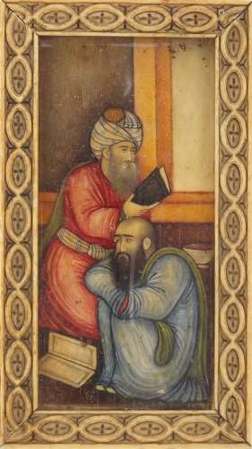 18th century Persian watercolour portrait miniature onto ivory of two nobelmen, housed in a carved