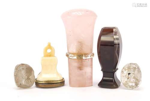 Antique objects comprising an antique rose quartz and rock crystal walking stick pommel, agate