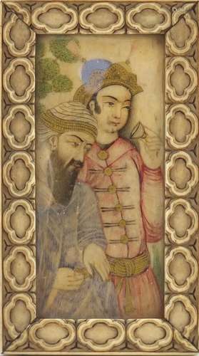 18th century Persian watercolour portrait miniature onto ivory of two noble people, housed in a