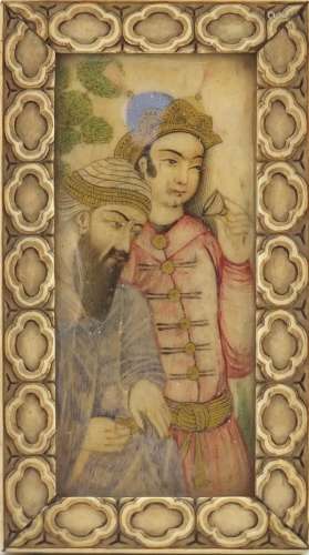 18th century Persian watercolour portrait miniature onto ivory of two noble people, housed in a