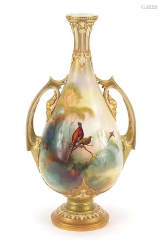 Large Royal Worcester porcelain vase with twin handles hand painted with pheasants by Albert