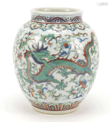 Chinese doucai porcelain vase finely hand painted with a dragon and phoenix amongst flowers, six