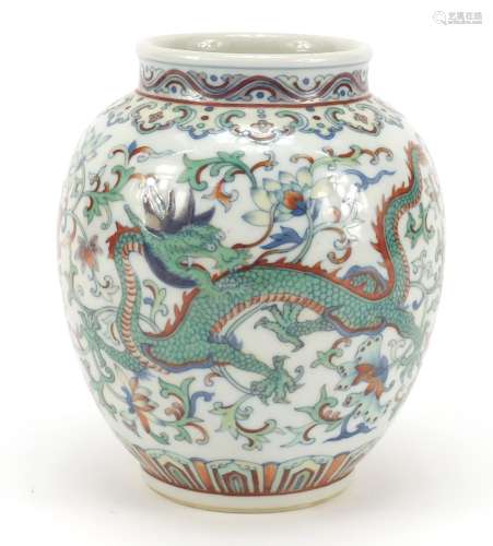 Chinese doucai porcelain vase finely hand painted with a dragon and phoenix amongst flowers, six