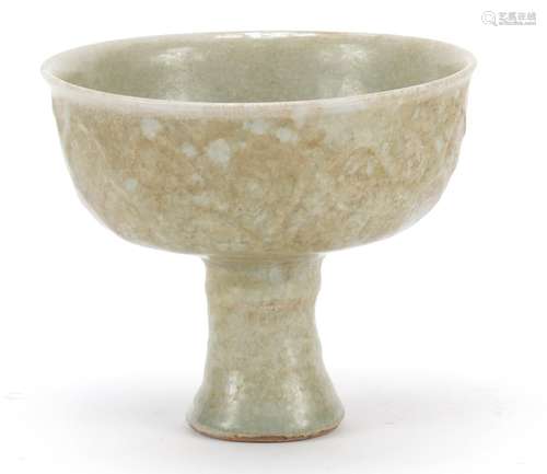 Chinese celadon glaze stem bowl, 11cm high x 13cm in diameter : For Further Condition Reports Please