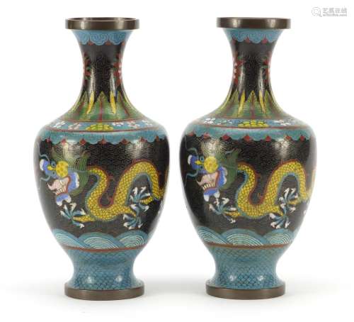 Pair of Chinese cloisonné vases, enamelled with dragons chasing a flaming pearl amongst clouds, each