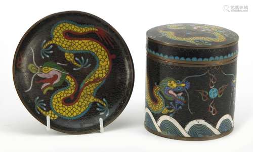 Chinese cloisonné pot with cover and a dish, each enamelled with dragons chasing a flaming pearl